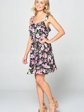 Floral Ruffle Sundress in Black and Pink